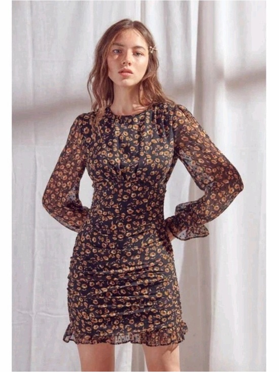 Storia Dresses & Skirts - Storia Black Floral Ruched Mini Dress Long Sleeve Sheer Cottagecore Size S